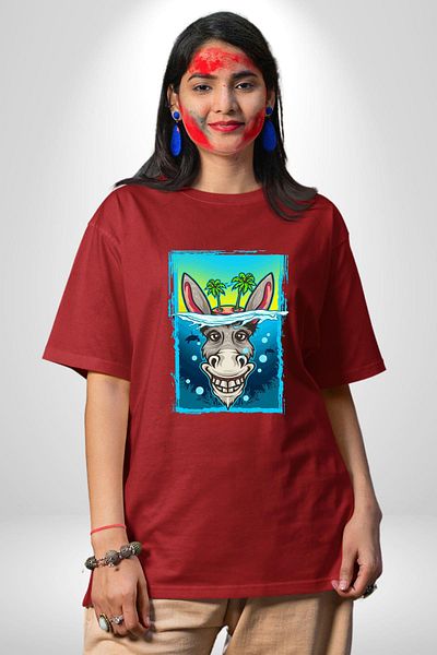 Angemiel Tropical Island Design with Donkey Summer Red Oversize Women's Men's Front Printed T-Shirt