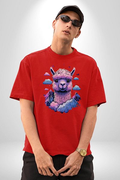 Angemiel Pink Pastel Colored Lama Design Red Oversize Women's Men's Front Printed T-Shirt
