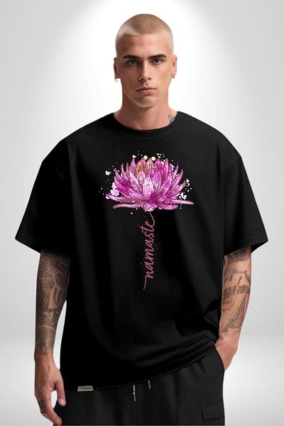 Angemiel Purple Lotus Flower and Namaste Written Yoga Black Oversize Women's Men's Front Printed T-Shirt
