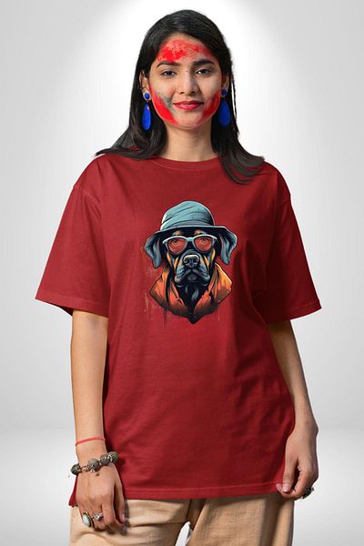Angemiel Hat and Glasses Combination Secret Agent Style Dog Red Oversize Women's Men's Front Printed T-Shirt
