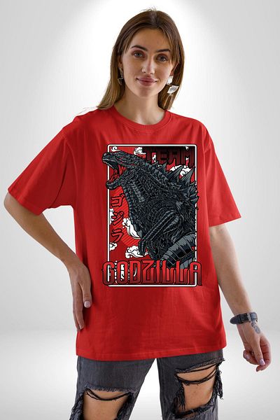 Angemiel Team Godzilla Anime Legendary Monster Anime Red Oversize Women Men Front Printed T-Shirt