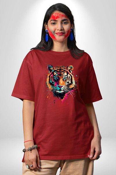 Angemiel Neon Vivid Color Tiger Red Oversize Women's Men's Front Printed T-Shirt