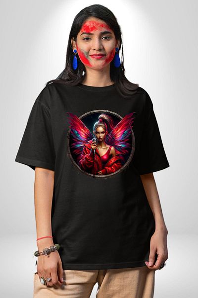 Angemiel Black Oversize Women's Men's Front Printed T-Shirt with Microphone Women Singer Design