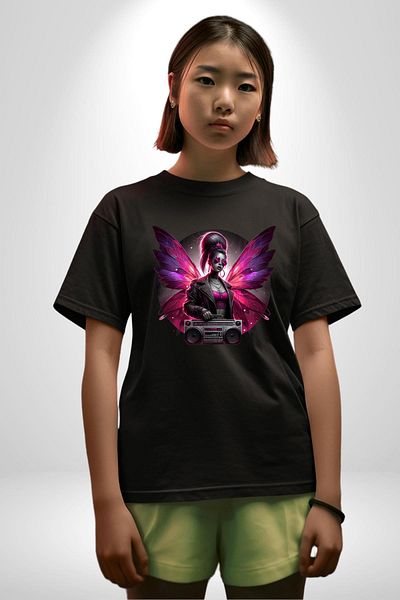 Angemiel Black Oversize Women's Men's Front Printed T-Shirt with Red Fairy Glasses and Music Player