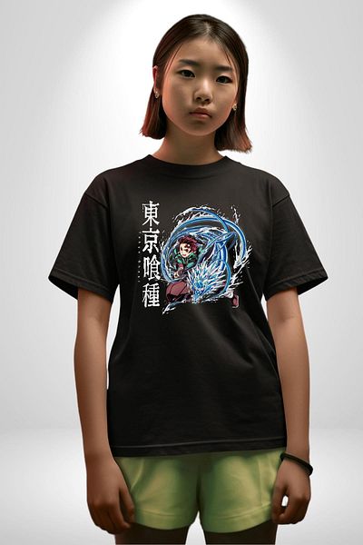 Angemiel Demon Slayer - Tanjiro Kamado Anime Black Oversize Women's Men's Front Printed T-Shirt