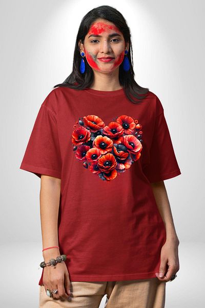 Angemiel Poppy Flowers Growing with Love Love in Your Heart Red Oversize Women's Men's Front Printed T-Shirt