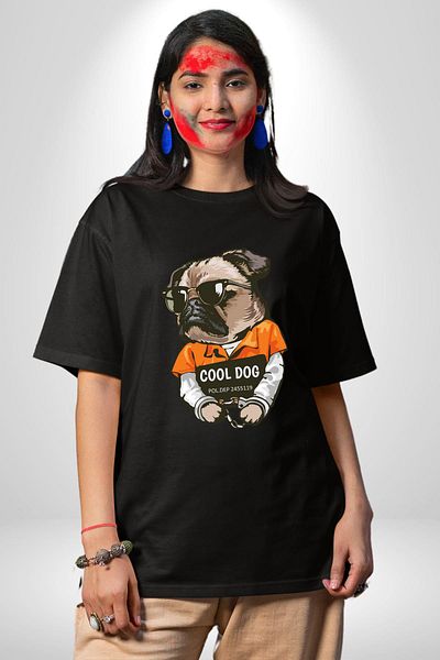 Angemiel Imprisoned but Cool Dog in Prison Style Black Oversize Women's Men's Front Printed T-Shirt