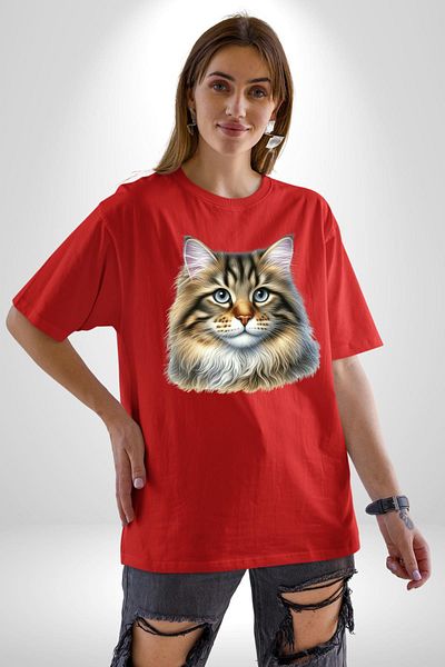 Angemiel Siberian Cat Design Red Oversize Women's Men's Front Printed T-Shirt