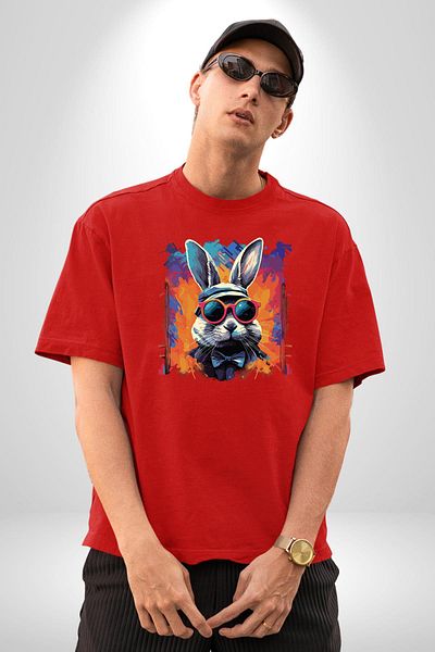Angemiel Rainbow Party Glasses Bunny Red Oversize Women's Men's Front Printed T-Shirt