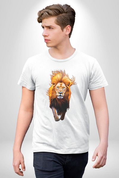 Angemiel تي شيرت مطبوع من الأمام للنساء والرجال باللون الأبيض مقاس كبير من Yeleli Lion Portrait