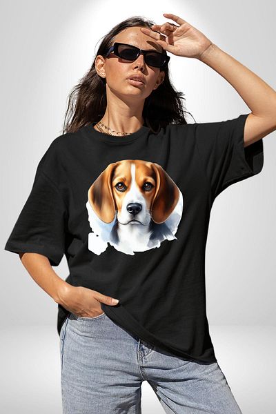 Angemiel Beagle Clever Cute Small Breed Dog Black Oversize Women Men Front Printed T-Shirt