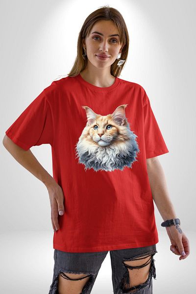 Angemiel Maine  Cat Red Oversize Women's Men's Front Printed T-Shirt