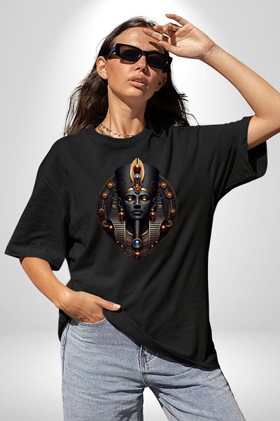 Angemiel Amun Egyptian God Creator's Power Infinite Light Black Oversize Women's Men's Front Printed T-Shirt