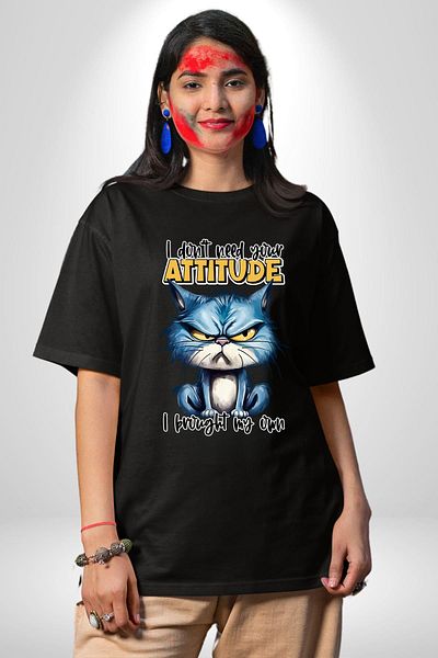 Angemiel Cat Who Brings Her Own Attitude Funny Cat Black Oversize Women's Men's Front Printed T-Shirt