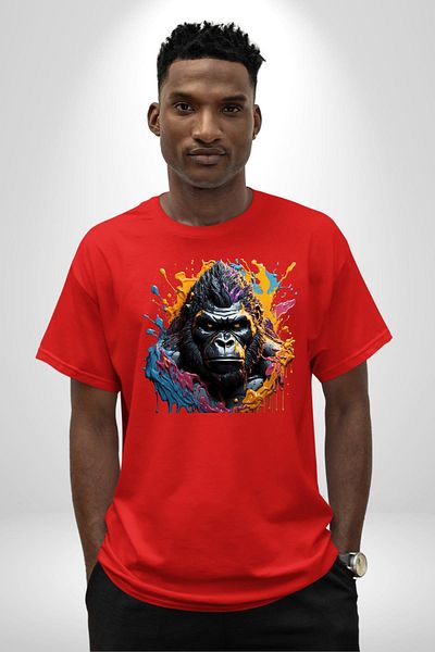 Angemiel Gorilla Design Red Oversize Women's Men's Front Printed T-Shirt with Vibrant Colors