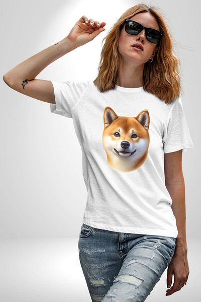 Angemiel تي شيرت Shiba Inu Cute Loving Dog Design أبيض كبير الحجم للنساء والرجال مطبوع من الأمام