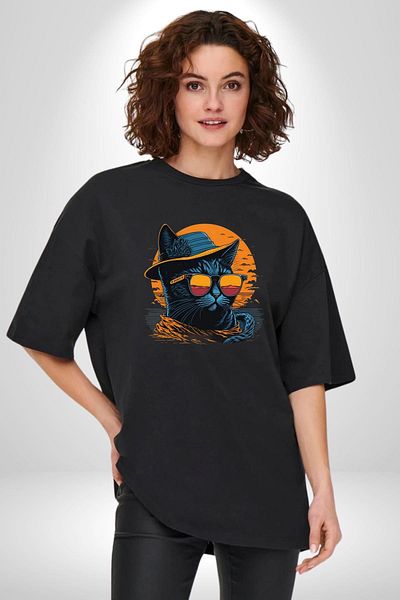 Angemiel Cool Black Cat Glasses and Hat Black Oversize Women's Men's Front Printed T-Shirt
