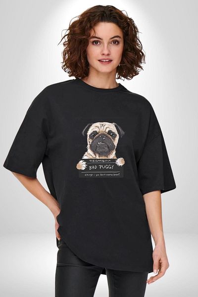 Angemiel Guilty Pug Bad Dog Guilty Face Black Oversize Women's Men's Front Printed T-Shirt