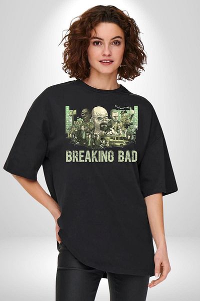 Angemiel Breaking Bad Style Chemistry and Crime Story Black Oversize Women Men Front Printed T-Shirt