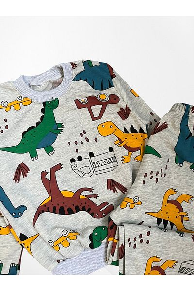 Pajama Shop Boys' Cotton Fabric Hooded Gray Dinosaur Car Pattern Long Sleeve Winter Pajamas Set