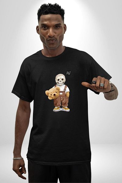 Angemiel Be Yourself Printed Skull Bear Teddy Black Oversize Women's Men's Front Printed T-Shirt