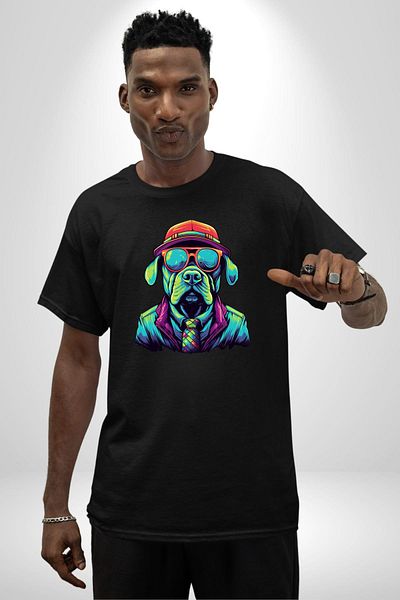 Angemiel Neon Glasses Colorful Style Dog Black Oversize Women's Men's Front Printed T-Shirt