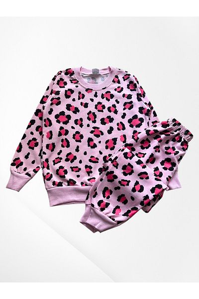 Pajama Shop Girls' Cotton Fabric Hooded Pink Leopard Patterned Long Sleeve Winter Pajama Set