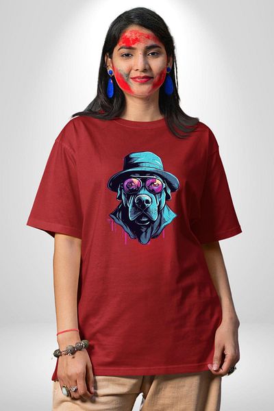 Angemiel Hard Look Hat Dog Red Oversize Women's Men's Front Printed T-Shirt