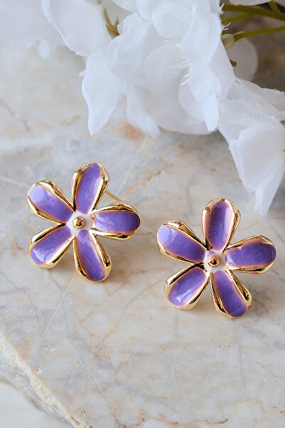 AURRARİ Mor ve Beyaz Mineli Papatya Küpe