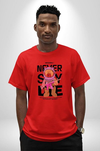 Angemiel Never Say Impossible Bear and Astronaut Red Oversize Women Men Front Printed T-Shirt