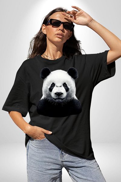 Angemiel Black White Panda Black Oversize Women's Men's Front Printed T-Shirt
