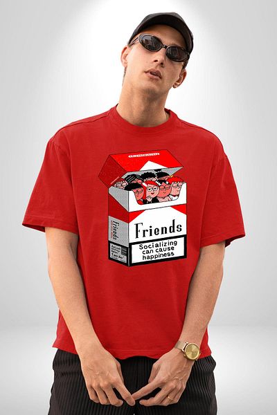 Angemiel Friendship and Happiness Themed Red Oversize Women's Men's Front Printed T-Shirt