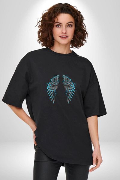 Angemiel Lightning Wings Symbol of Power Black Oversize Women's Men's Front Printed T-Shirt