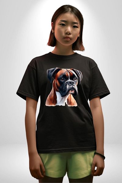 Angemiel Energetic Boxer Dog Design Black Oversize Women's Men's Front Printed T-Shirt