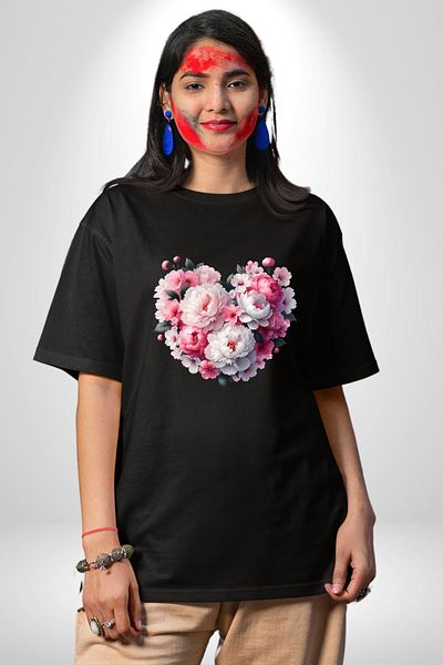 Angemiel Peony Flower Arrangement Design Black Oversize Women's Men's Front Printed T-Shirt