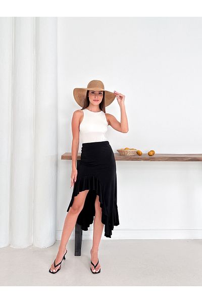 Cistern İstanbul Women's Black Slit Skirt with Flywheel Detail