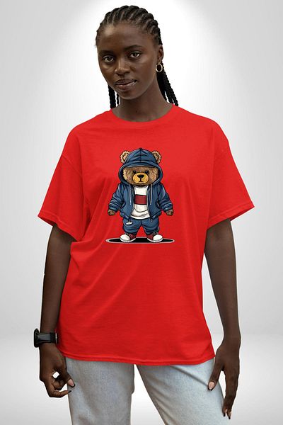 Angemiel Comfortable and Stylish Sports Teddy Bear Red Oversize Women's Men's Front Printed T-Shirt