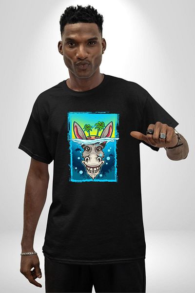 Angemiel Tropical Island Design with Donkey Summer Black Oversize Women's Men's Front Printed T-Shirt