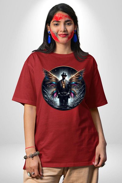 Angemiel Red Suits Winged Man Design Red Oversize Women Men Front Printed T-Shirt