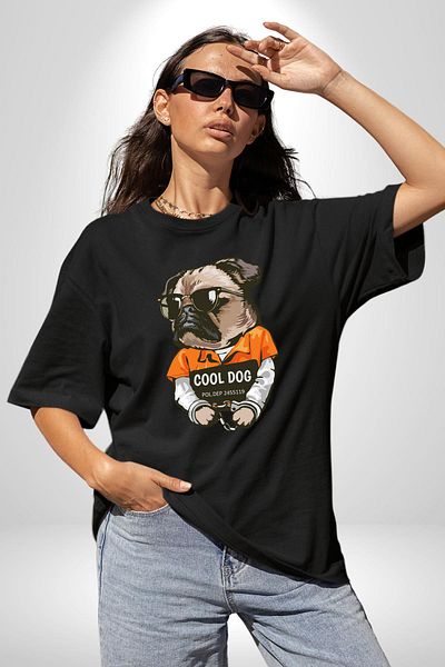 Angemiel Imprisoned but Cool Dog in Prison Style Black Oversize Women's Men's Front Printed T-Shirt