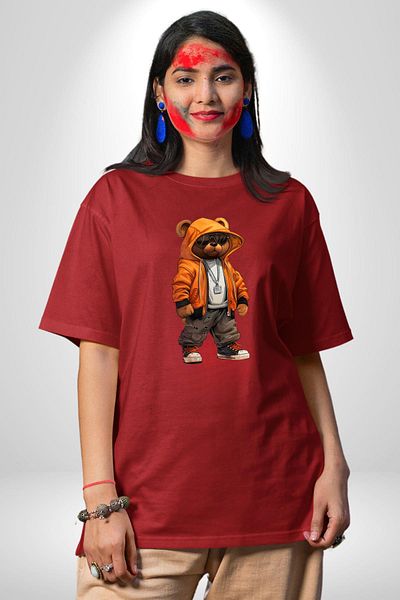 Angemiel Hip Hop Orange Hooded Urban Style Teddy Bear Red Oversize Women's Men's Front Printed T-Shirt