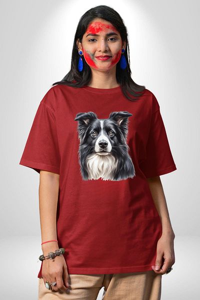 Angemiel Sweet Border Collie Energetic Clever Dog Design Red Oversize Women's Men's Front Printed T-Shirt
