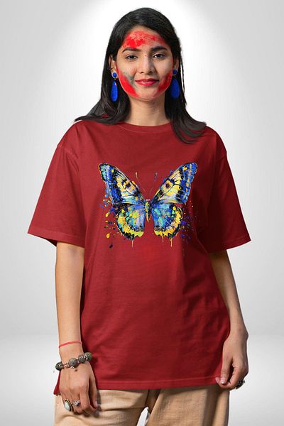 Angemiel Colorful Butterfly Floral Energy Red Oversize Women's Men's Front Printed T-Shirt