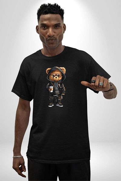 Angemiel Comfortable and Stylish Coffee Cafe Teddy Bear Black Oversize Women's Men's Front Printed T-Shirt