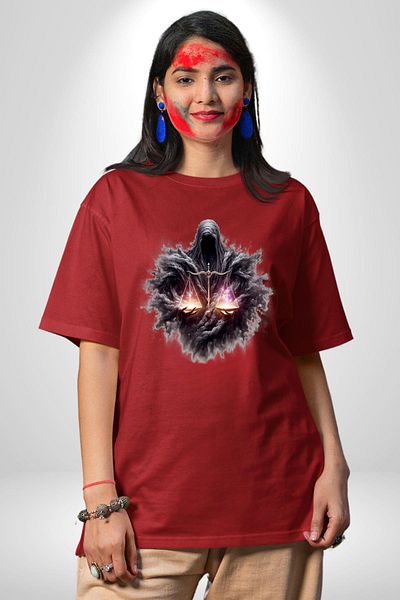 Angemiel Libra Zodiac Sign Special Design Red Oversize Women's Men's Front Printed T-Shirt