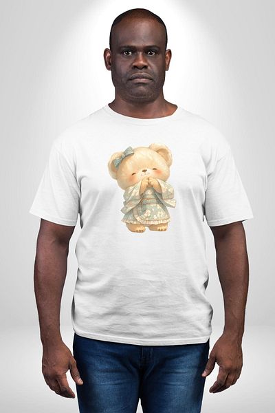 Angemiel Blue Floral Kimono Dress Teddy Bear White Oversize Women's Men's Front Printed T-Shirt