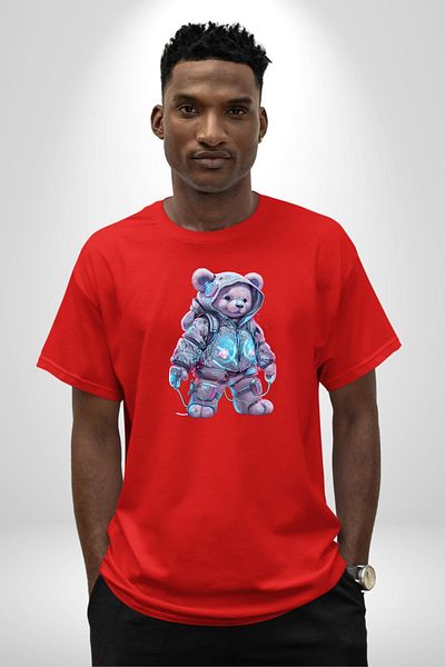 Angemiel Digital Dreamer Teddy Bear Futuristic Red Oversize Women's Men's Front Printed T-Shirt