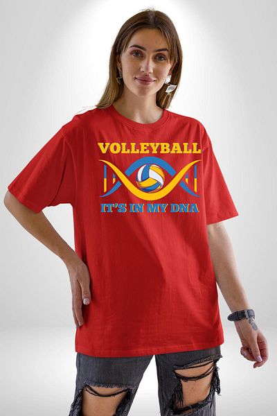 Angemiel Volleyball Is in My Dna Written Red Oversize Women's Men's Front Printed T-Shirt
