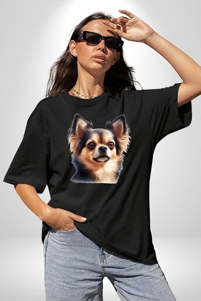 Angemiel Cute Chihuahua Small Breed Dog Black Oversize Women Men Front Printed T-Shirt
