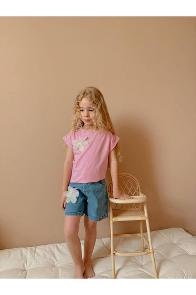 YİGİT BUTİK Yigit Boutique Applique Floral Denim Shorts Girl's Suit